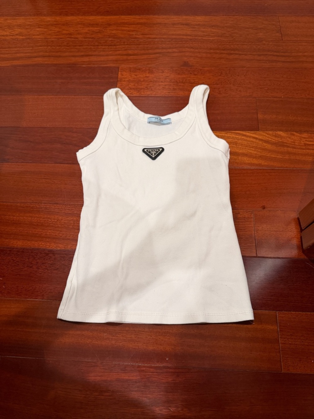 Prada White Ribbed Tank with Black Triangle Logo Patch
